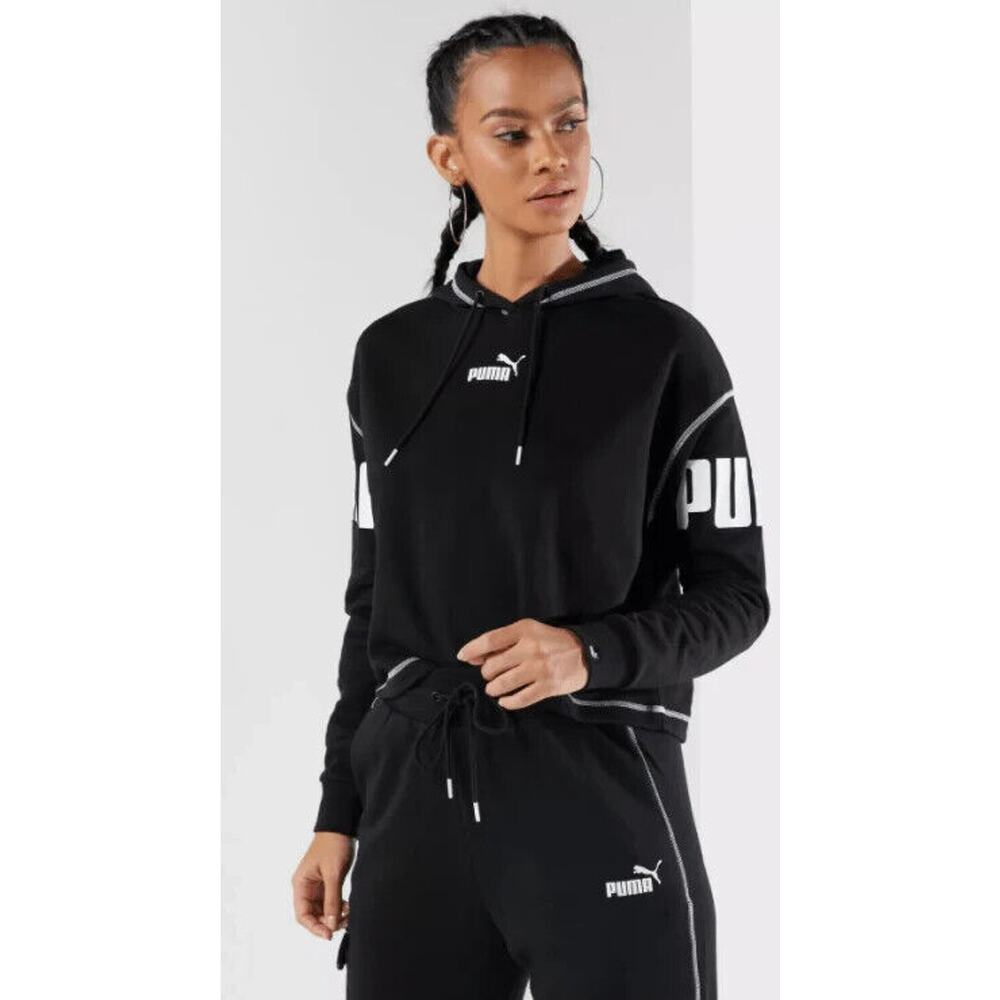 PUMA Women's Cropped Hoodie Black Drawstring with Logos Size Medium